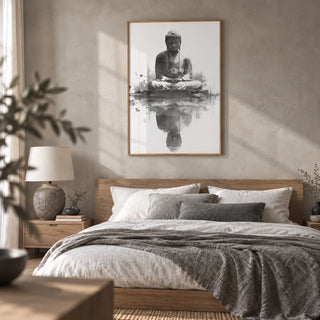 Meditation Statue Reflection Wall Art, framed on the wall of a calm bedroom with a soft grey limewashed wall