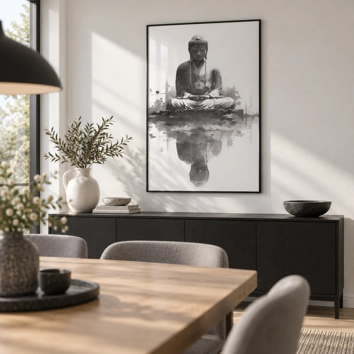 Meditation Statue Reflection Wall Art, framed on the wall of a calm dining room with a white wall