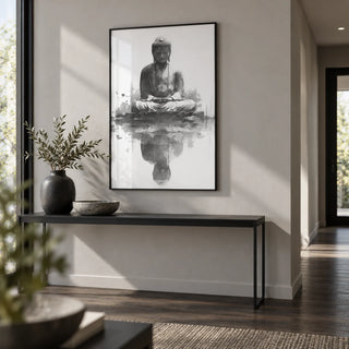 Meditation Statue Reflection Wall Art, framed on the wall of a calm hallway with a pale grey wall and a dark wood floor