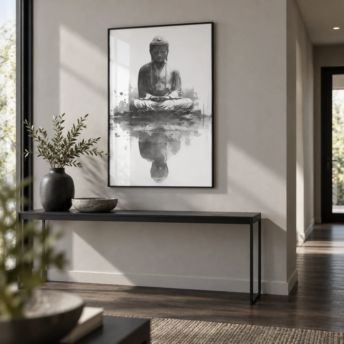 Meditation Statue Reflection Wall Art, framed on the wall of a calm hallway with a pale grey wall and a dark wood floor
