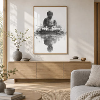 Meditation Statue Reflection Wall Art, framed on the wall of a calm Japandi living room with a soft white wall and a pale oak floor