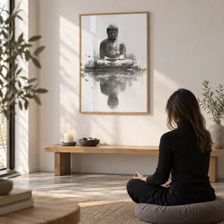 Meditation Statue Reflection Wall Art, framed on the wall of a quiet meditation corner with a white wall in a living room