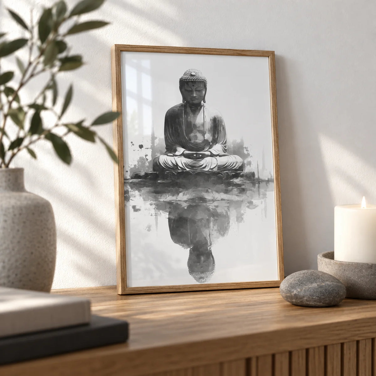 Meditation Statue Reflection Wall Art, a small A4 framed print leaning on an oak shelf in a living room