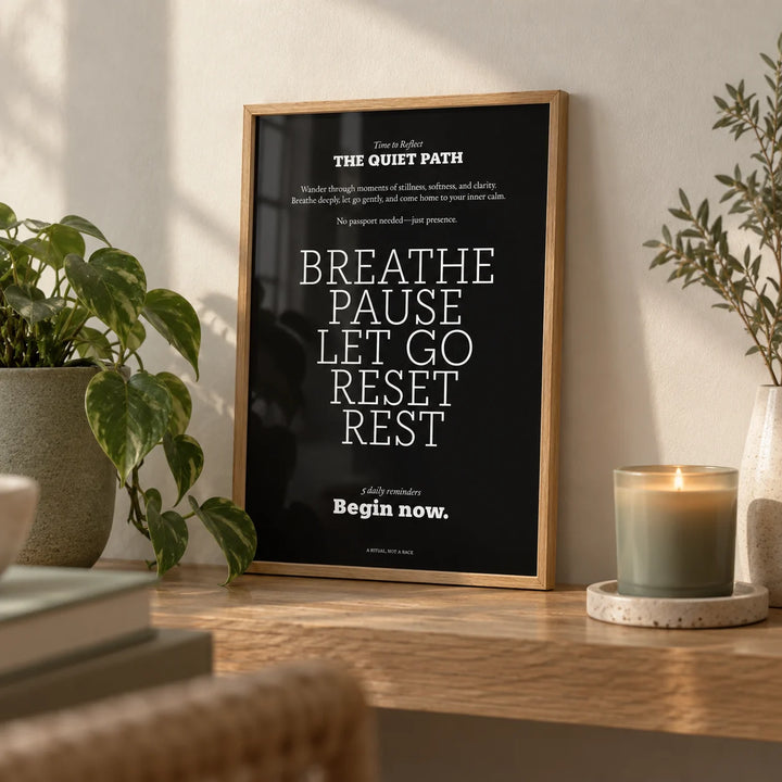 Meditation Wall Art, a small A4 framed print leaning on an oak shelf in a living room