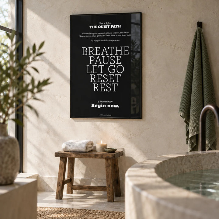 Meditation Wall Art, framed on the wall of a spa-like bathroom with a pale stone wall