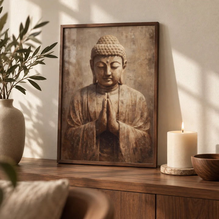 Meditative Art Print, a small A4 framed print leaning on a walnut shelf in a living room
