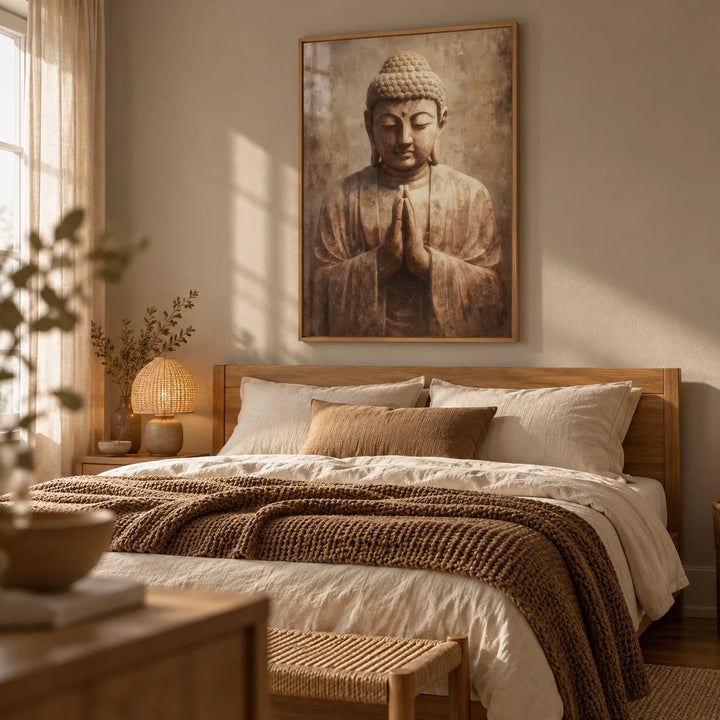Meditative Art Print, framed on the wall of a warm calm bedroom with a soft taupe wall