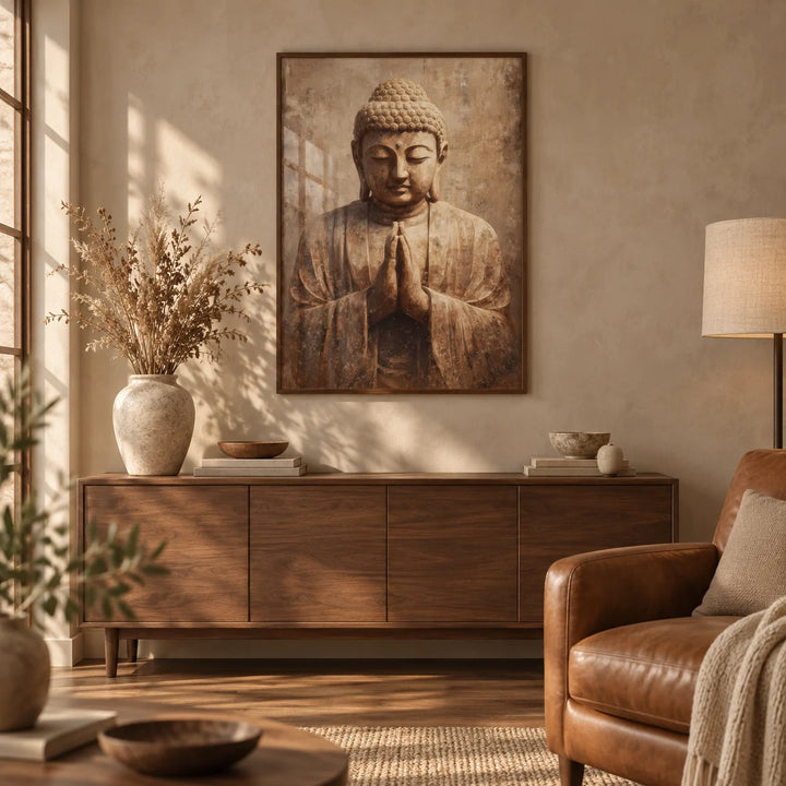 Meditative Art Print, framed on the wall of a warm earthy living room with a taupe limewashed wall and a walnut floor