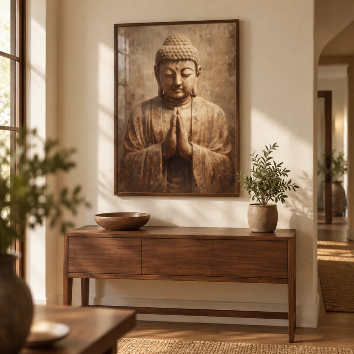 Meditative Art Print, framed on the wall of a warm hallway with a cream wall