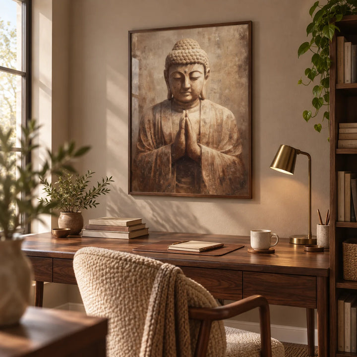 Meditative Art Print, framed on the wall of a warm home study with a taupe wall