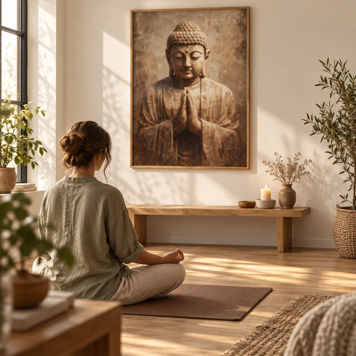 Meditative Art Print, framed on the wall of a warm home yoga room with a cream wall and an oak floor in a living room