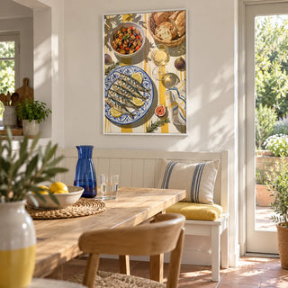 Mediterranean Kitchen Decor, framed on the wall of a bright garden-facing dining area in a modest UK kitchen extension with white plaster walls and plain terracotta floor tiles