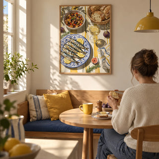 Mediterranean Kitchen Decor, framed on the wall of a compact breakfast nook in a first UK flat for a couple (25-35)