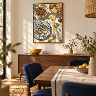 Mediterranean Kitchen Decor, framed on the wall of a relaxed dining room with warm white plaster walls and a walnut dining table