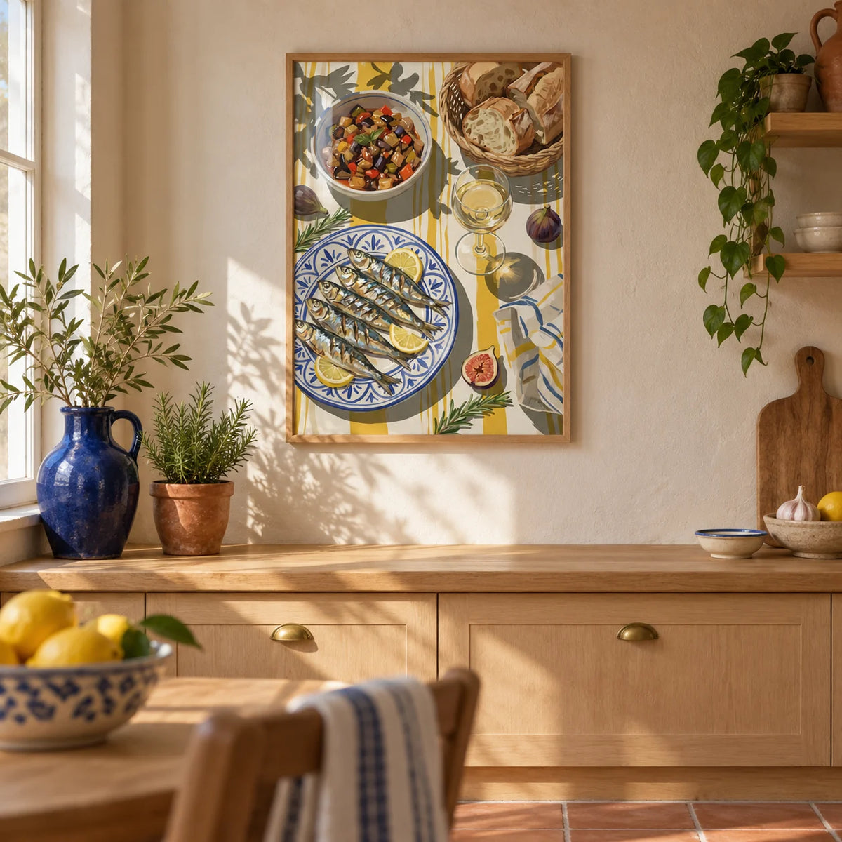 Mediterranean Kitchen Decor, framed on the wall of a warm Mediterranean-inspired kitchen in a UK terraced home with cream limewashed walls