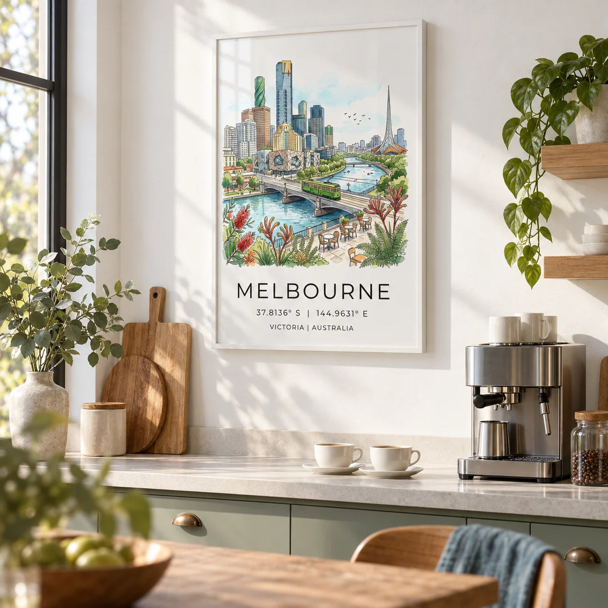 Melbourne City Art Print, framed on the wall of a bright café-style kitchen