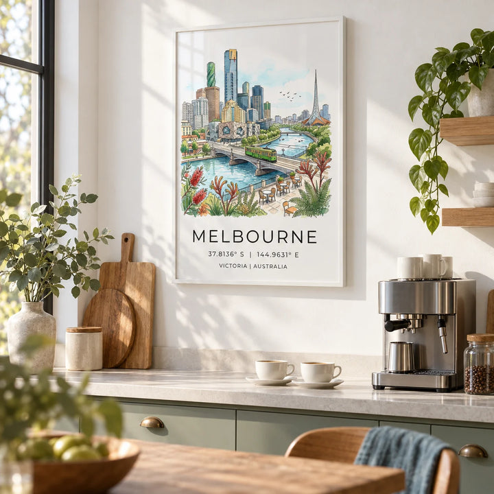 Melbourne City Art Print, framed on the wall of a bright café-style kitchen
