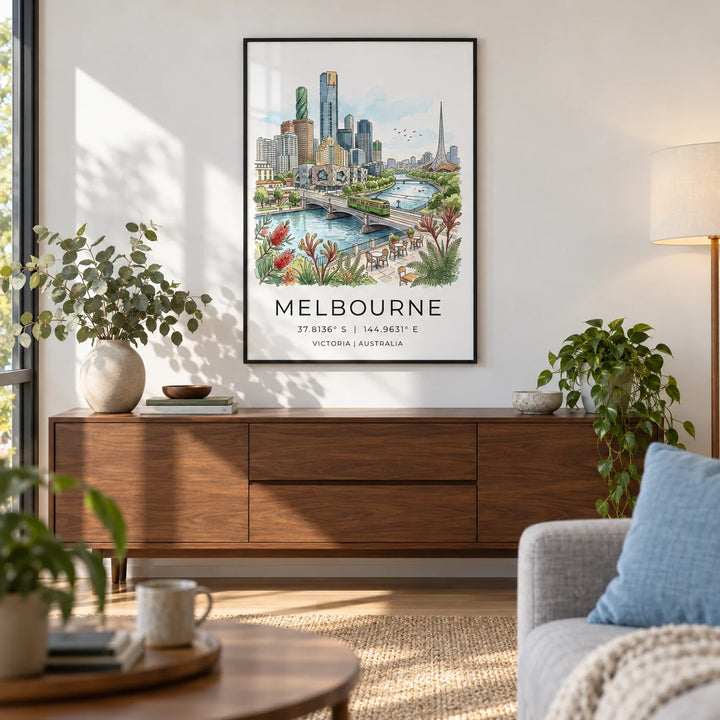 Melbourne City Art Print, framed on the wall of a modern city-flat living room