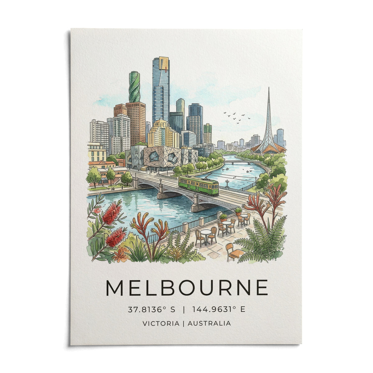 Melbourne City Art Print, shown as an unframed paper print on a plain white background