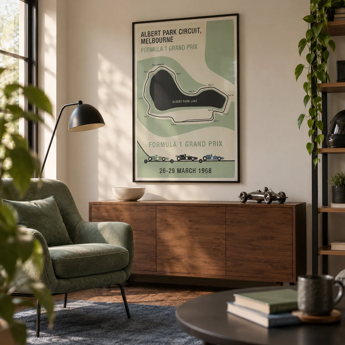 Melbourne Park Circuit Poster, framed on the wall of a dedicated motorsport snug in a UK semi-detached house with cream plaster walls and a dark cork floor in a living room
