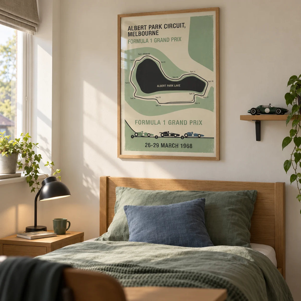 Melbourne Park Circuit Poster, framed on the wall of a tidy bedroom for a motorsport-loving teenager (16-17) in a UK family home