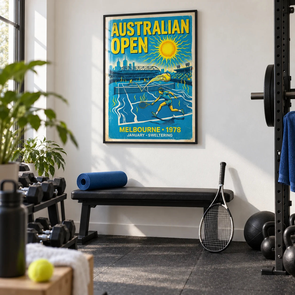 Melbourne Tennis Wall Art, framed on the wall of a clean home gym with a white wall and black rubber flooring