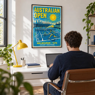 Melbourne Tennis Wall Art, framed on the wall of a modern home office with a white wall