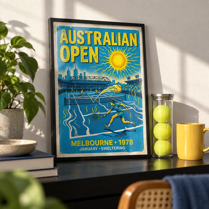 Melbourne Tennis Wall Art, a small A4 framed print leaning on a black shelf in a living room