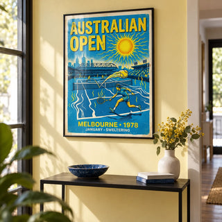 Melbourne Tennis Wall Art, framed on the wall of a sunny hallway with a pale yellow wall