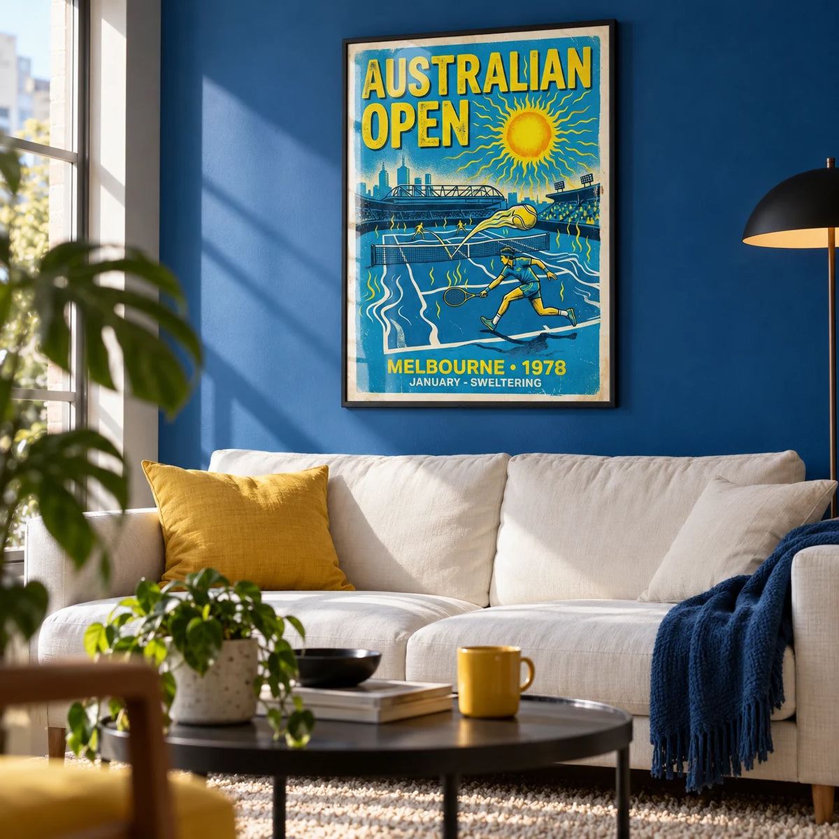 Melbourne Tennis Wall Art, framed on the wall of a young city flat living room with a cobalt blue painted wall