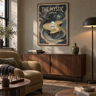 Memento Mori Golf Course Art Print, framed on the wall of a compact grown-up games snug in a UK terraced house with warm grey plaster walls and a walnut cabinet in a living room