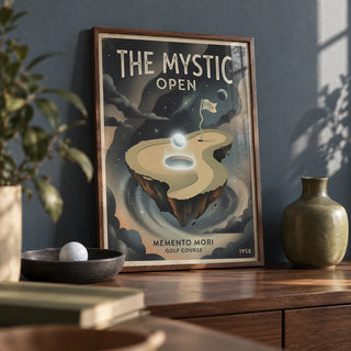 Memento Mori Golf Course Art Print, a small A4 framed print leaning on a walnut desk
