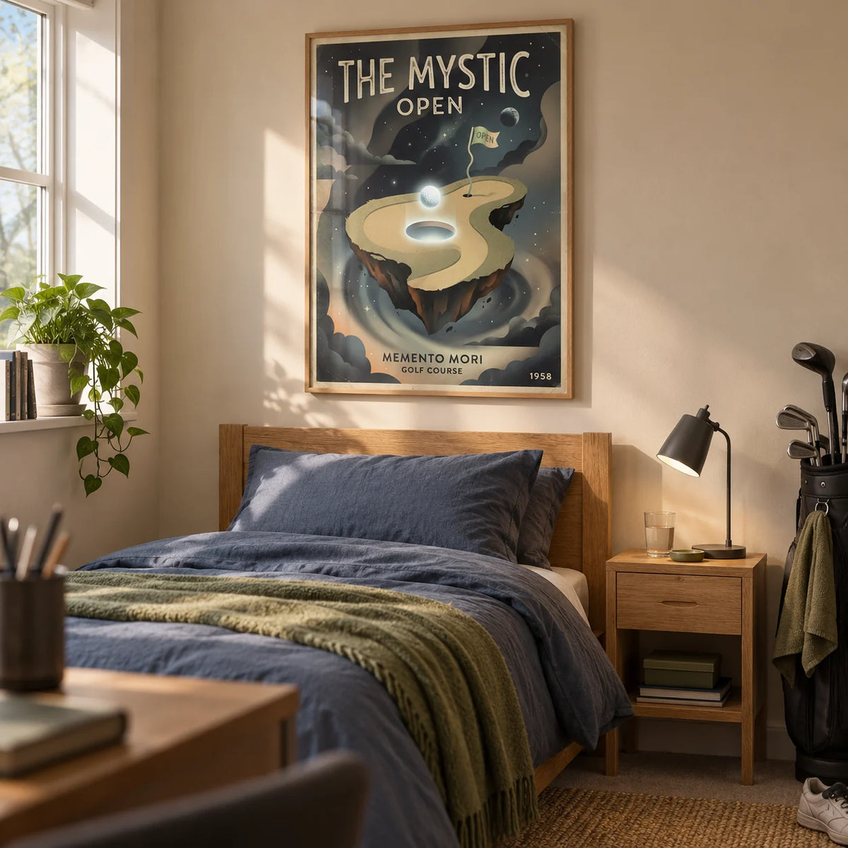 Memento Mori Golf Course Art Print, framed on the wall of a thoughtfully furnished single bedroom for a young adult golf enthusiast (18-25) in a UK family home with a warm cream wall