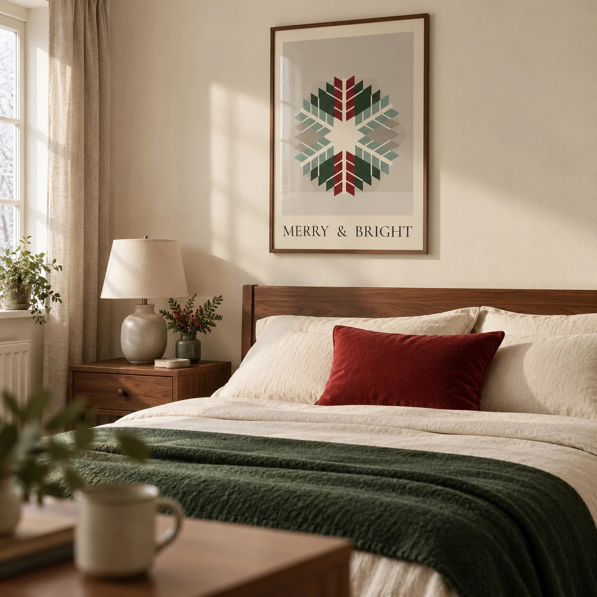 Merry and Bright Print, framed on the wall of a calm adult bedroom in a UK home with a warm ivory wall