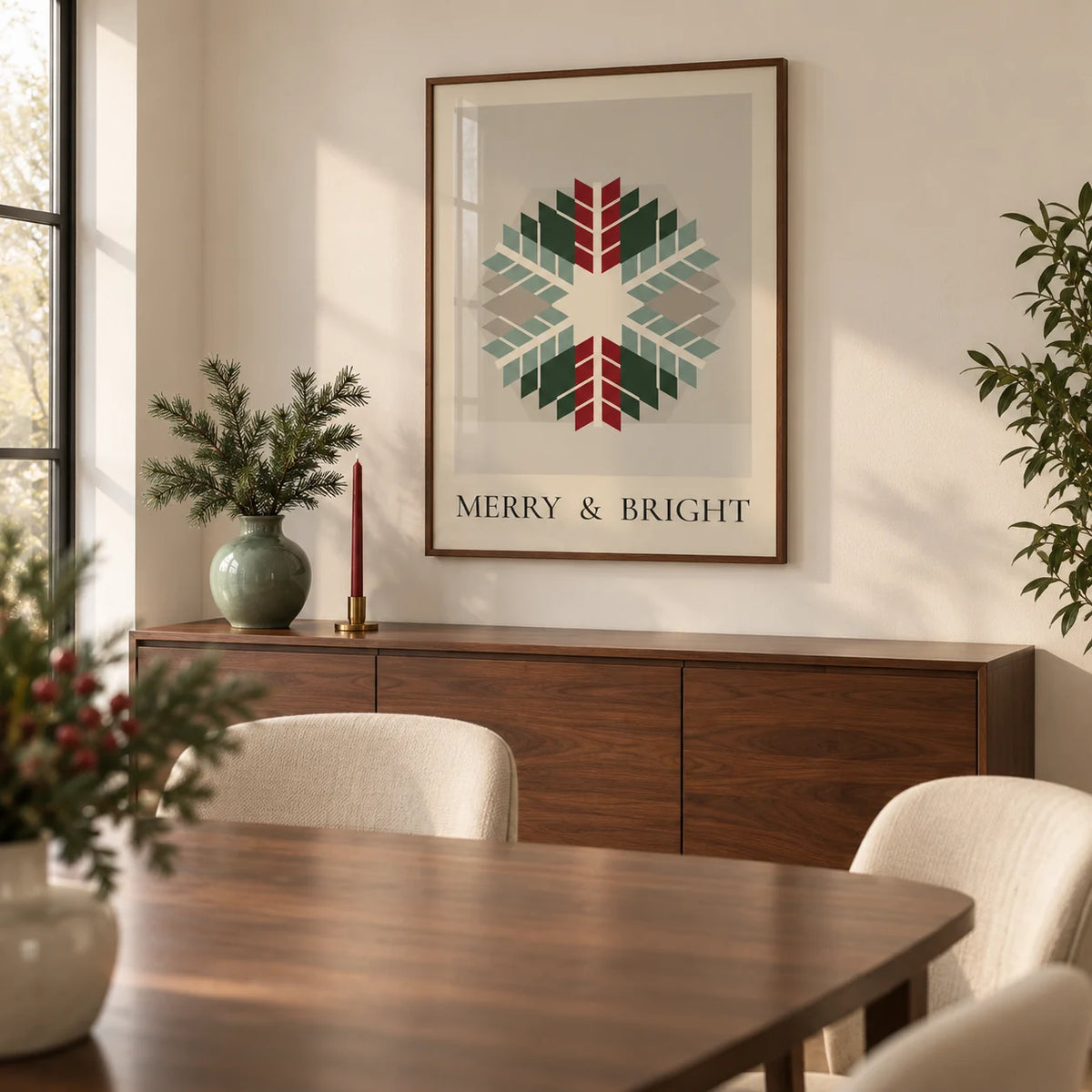 Merry and Bright Print, framed on the wall of a modern dining room with a warm white wall and a walnut dining table