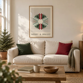 Merry and Bright Print, framed on the wall of a warm modern living room in a UK terraced house with ivory plaster walls and oak floorboards