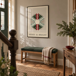 Merry and Bright Print, framed on the wall of a welcoming hallway in a Victorian UK terrace with warm grey walls and restored timber flooring