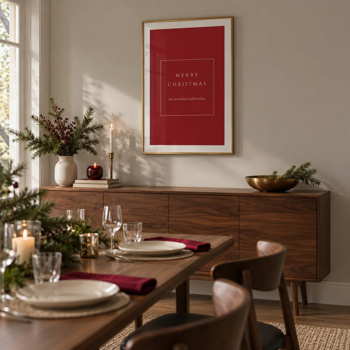 Merry Christmas Poster, framed on the wall of a contemporary dining room in a UK family home with a pale warm grey wall and walnut dining chairs