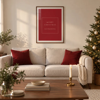 Merry Christmas Poster, framed on the wall of a modern living room in a UK terraced house with warm white walls and a walnut floor