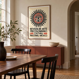 Mexican Art Print, framed on the wall of a characterful modern dining room in a UK flat with warm white plaster walls and oak floorboards