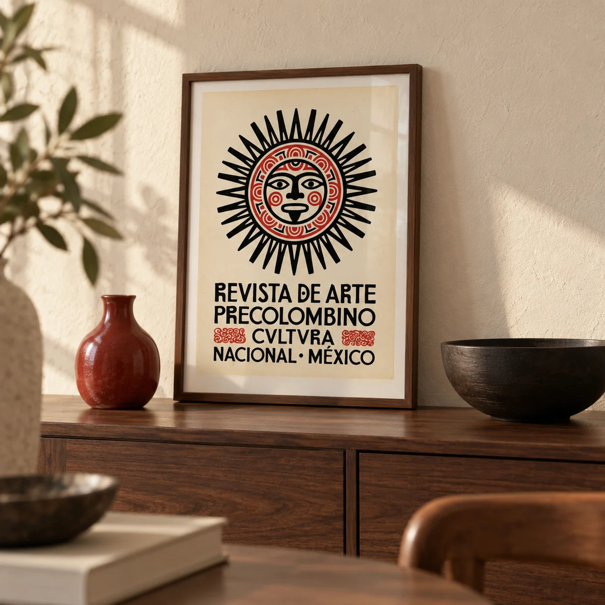 Mexican Art Print, a small A4 framed print leaning on a dark walnut sideboard in a living room