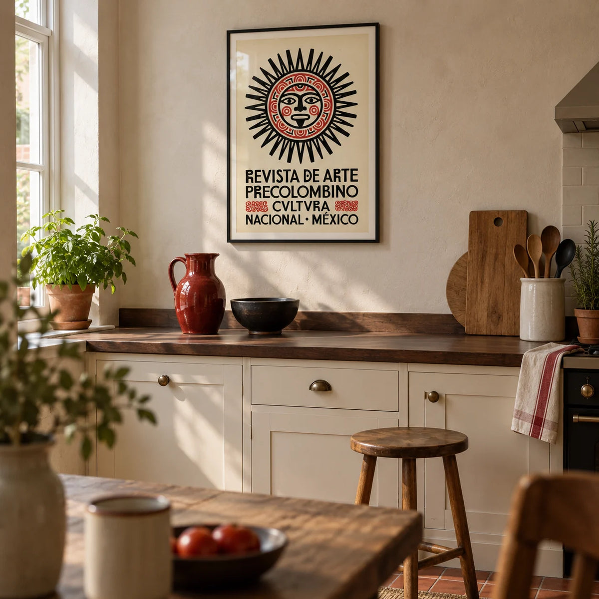 Mexican Art Print, framed on the wall of a warm modern kitchen in a UK terraced house with cream cabinets