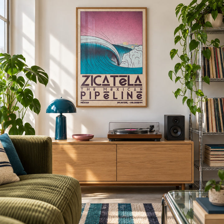 Mexican Beach Art shown in a city apartment record corner (frame not included)
