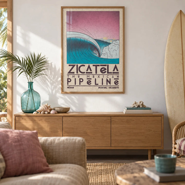 Mexican Beach Art, framed on the wall of a laid-back surf-shack living room with a plain white wall