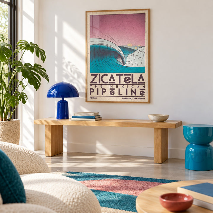 Mexican Beach Art shown in a minimalist living room with an oak console (frame not included)
