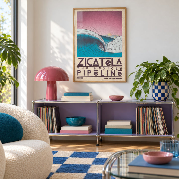 Mexican Beach Art shown in a playful living room with a modular console (frame not included)