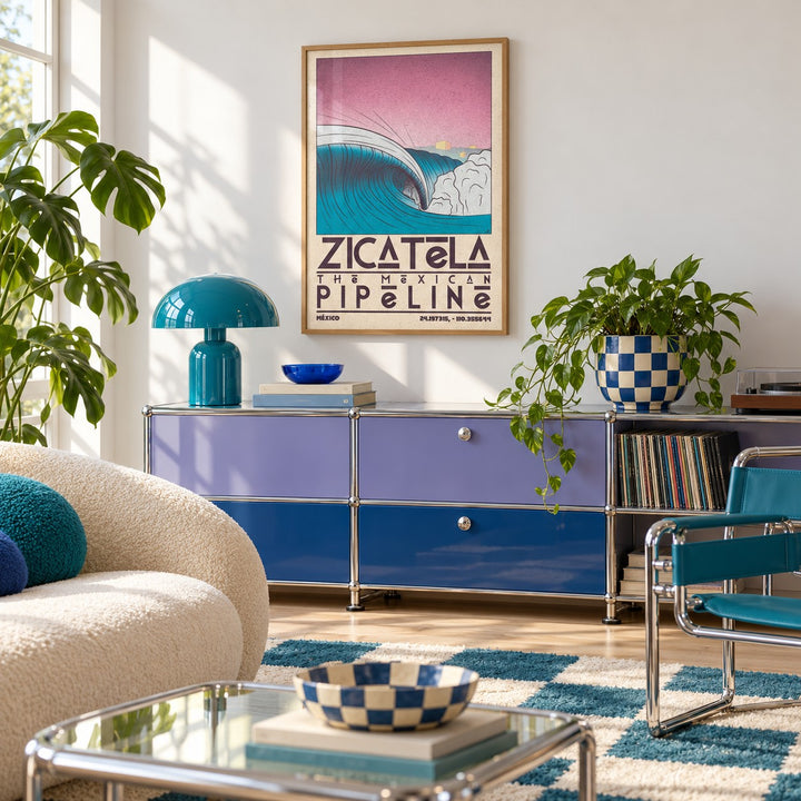Mexican Beach Art shown in a retro lounge corner (frame not included)
