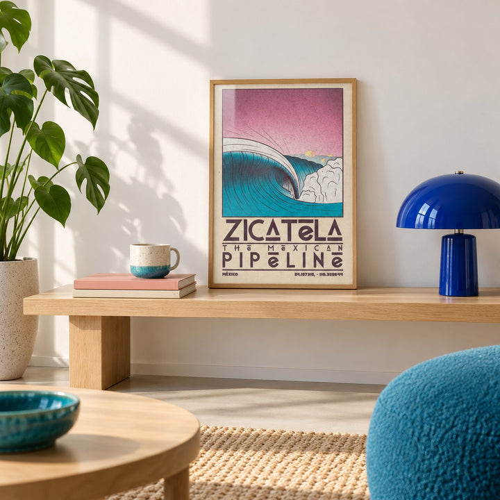 Mexican Beach Art shown in the small A4 size on a styled console (frame not included)