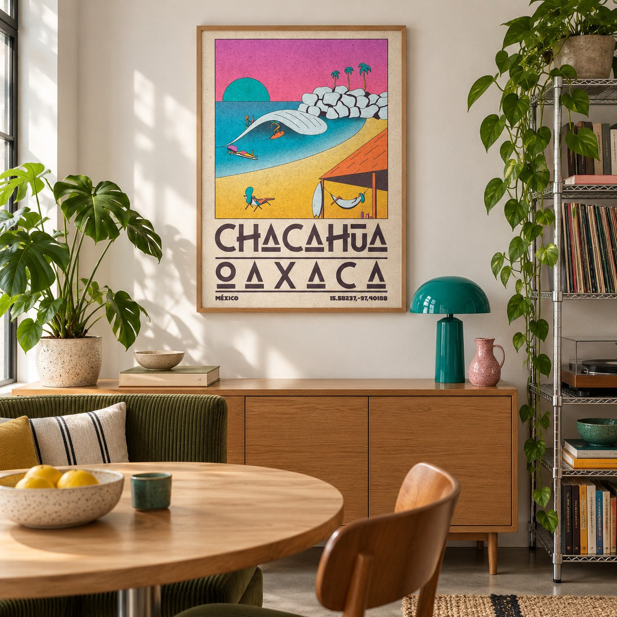 Mexican Beach Poster shown in a city kitchen dining area (frame not included)