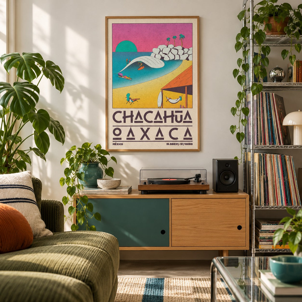 Mexican Beach Poster shown in a city apartment record corner (frame not included)